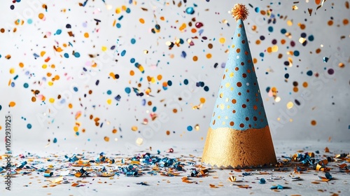 Colorful party hat surrounded by festive confetti on a bright background photo