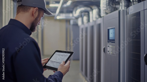 engineer reviewing HVAC system data on tablet in facility. environment features modern equipment and professional atmosphere