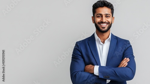 charismatic indian handsome young businessman in smart casual attire confident pose with folded hands against clean white backdrop warm smile conveys approachability and professionalism modern corpora