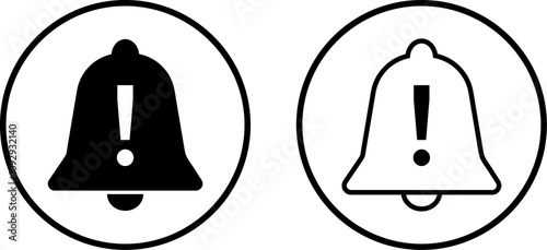 notification bell warning icon set. Warning notification bell sign. Exclamation mark with bell icon. Symbol of warning notice.
