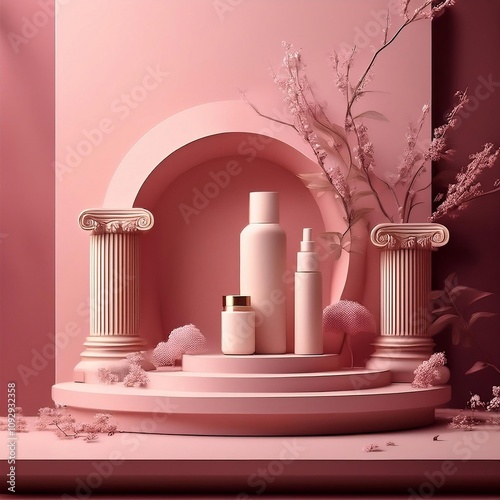 Display of skincare items centered on grecian columns against a pink monochromatic background and branches