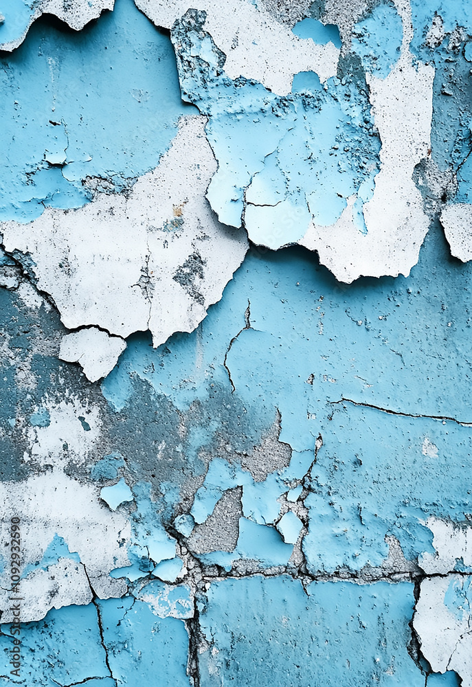 Obraz premium A brick wall painted light blue with areas of damaged and peeling paint, giving a textured surface that is visually interesting and full of Close-up of a weathered blue wall with peeling paint 