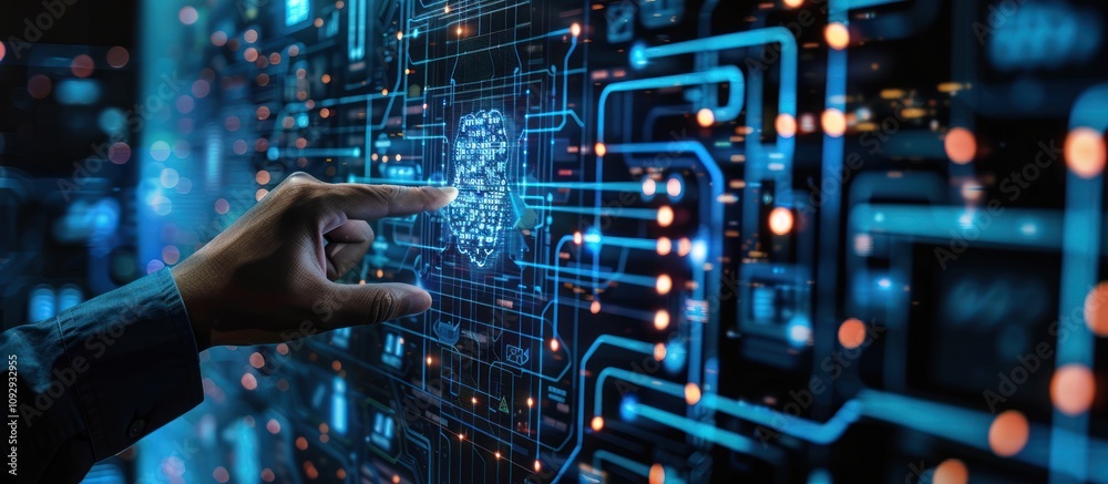 Hand touching digital hologram of cyberspace with circuit board and data flow background. Hand touching digital hologram of cyberspace with circuit board and data flow background.