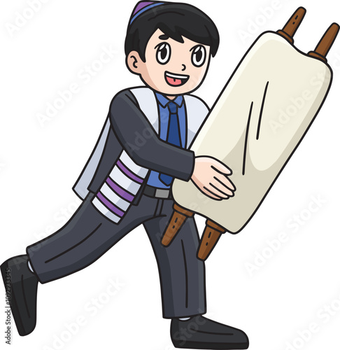 Bar Mitzvah Boy Carrying the Torah Cartoon Clipart