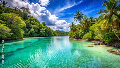 Serene Tropical Landscape with Crystal Clear Waters, Lush Green Vegetation, and Cloudy Blue Sky Reflecting on Calm Bay in a Secluded Paradise Setting