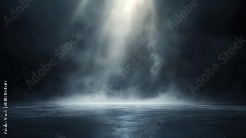 A dark room with a concrete floor and a spotlight. Suitable for dramatic or mysterious themed designs, theater and event promotion, and creative storytelling visuals. empty dark blue room