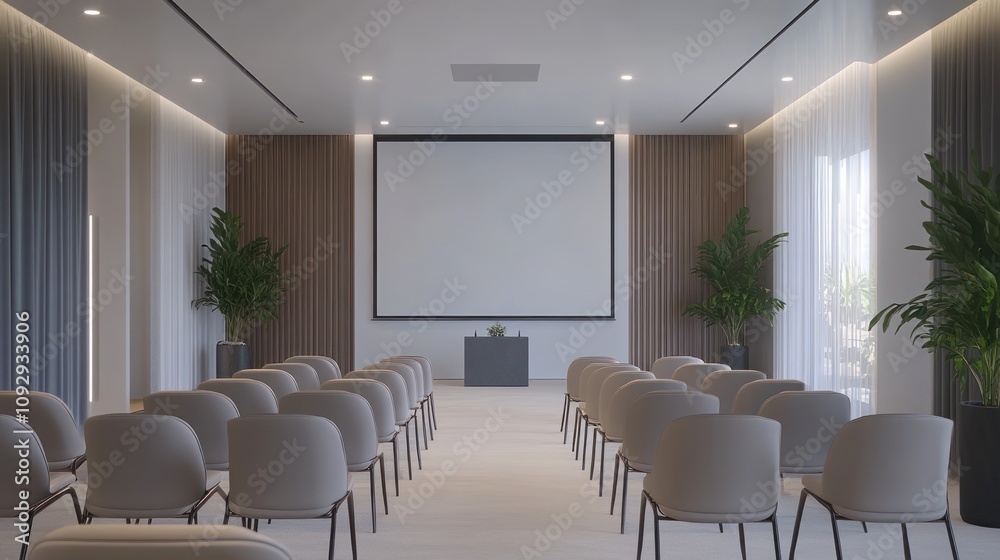 A modern conference room with seating, a projector screen, and plants for a professional setting. A modern conference room with seating, a projector screen, and plants for a professional setting.