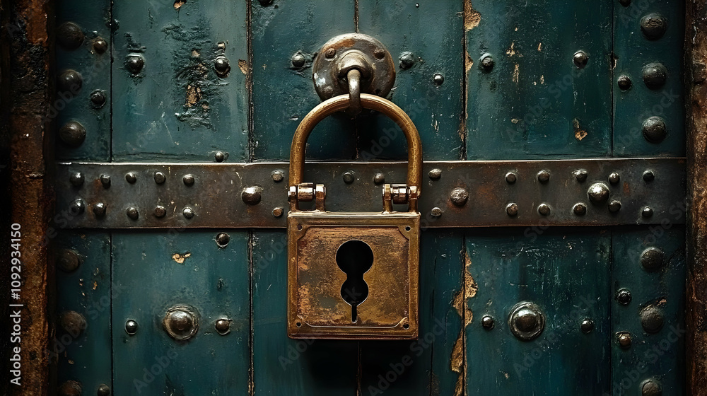 Fototapeta premium Antique Padlock Secures Rustic Wooden Door, Aged Metal