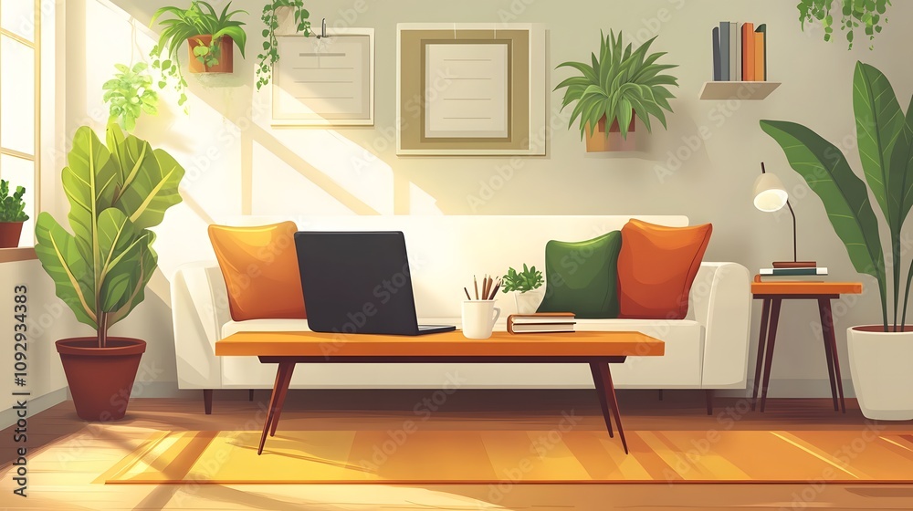 Fototapeta premium Business concept&nbsp;illustration featuring floating light bulbs, icons, charts, compass, and connecting&nbsp;elements in blue and orange, showcasing creative thinking and brainstorming process.