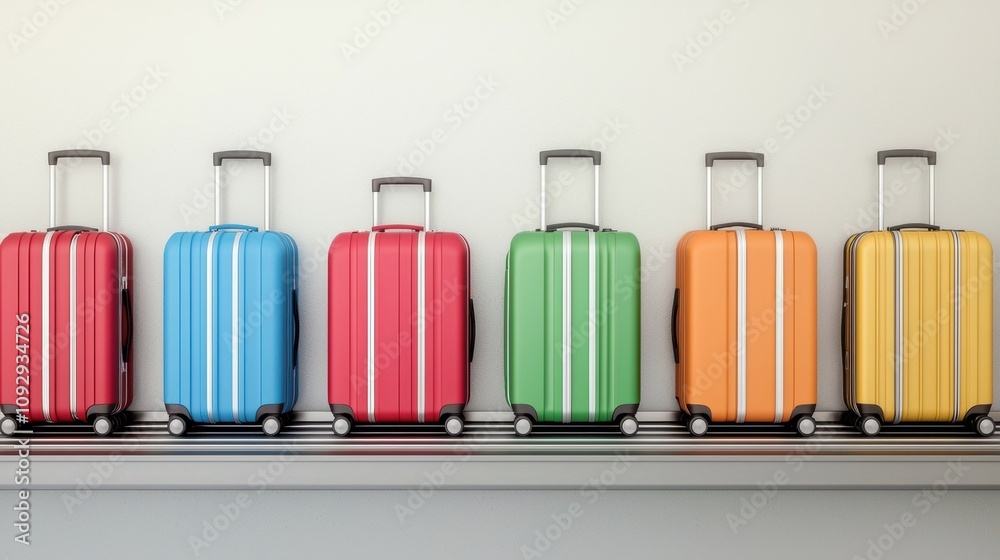 Colorful luggage bags arranged in a row against a simple background Colorful luggage bags arranged in a row against a simple background