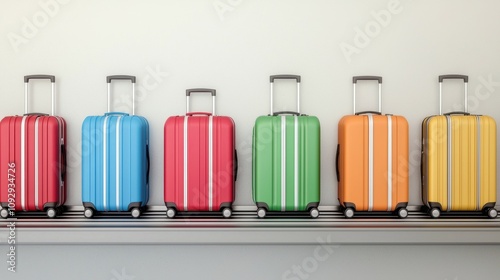 Colorful luggage bags arranged in a row against a simple background