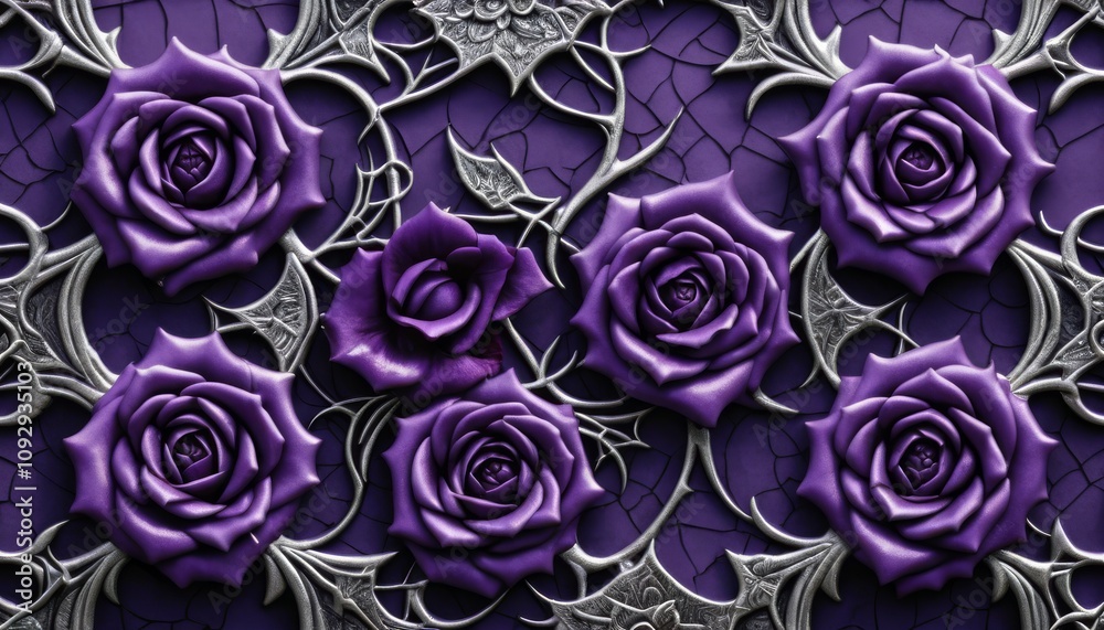 Gothic rose garden pattern with violet roses and thorns on cracked background in romantic style Gothic rose garden pattern with violet roses and thorns on cracked background in romantic style