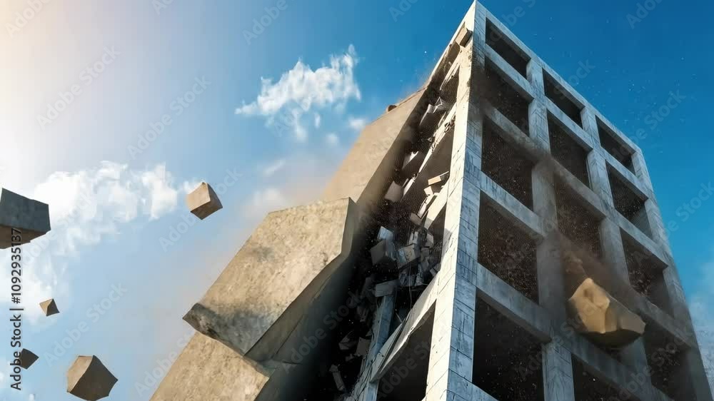Dynamic Scene of a Building Undergoing Impact and Destruction with Falling Debris, Highlighting the Power of Nature and Human Creation Interacting Dramatically