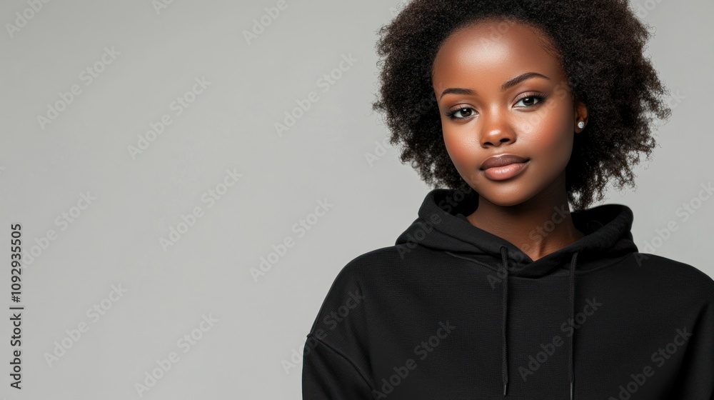 A young woman with curly hair in a black hoodie, smiling against a neutral background. A young woman with curly hair in a black hoodie, smiling against a neutral background.