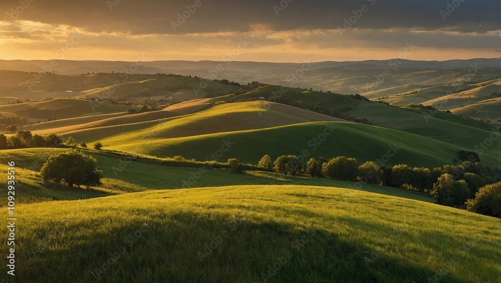Fototapeta premium Rolling green hills at sunset, with a village nestled in the valley.