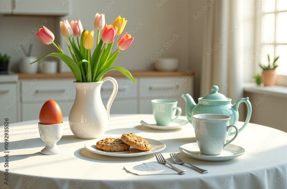 On the table there is a vase with tulips, a teapot, two mugs or cups, a plate with cookies, a white stand with an egg. Front view against the background of the kitchen. Breakfast On the table there is a vase with tulips, a teapot, two mugs or cups, a plate with cookies, a white stand with an egg. Front view against the background of the kitchen. Breakfast