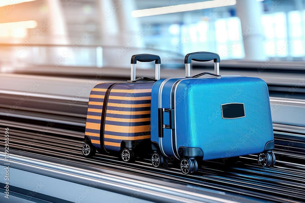 Luggage on airport conveyor belt concept. Luggage on a conveyor belt in a modern airport setting Luggage on airport conveyor belt concept. Luggage on a conveyor belt in a modern airport setting
