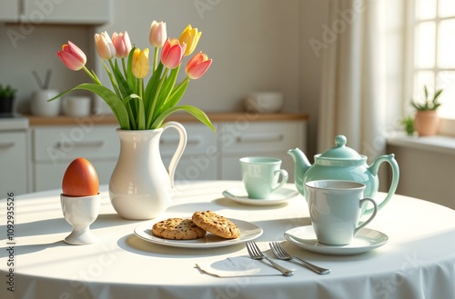 On the table there is a vase with tulips, a teapot, two mugs or cups, a plate with cookies, a white stand with an egg. Front view against the background of the kitchen. Breakfast