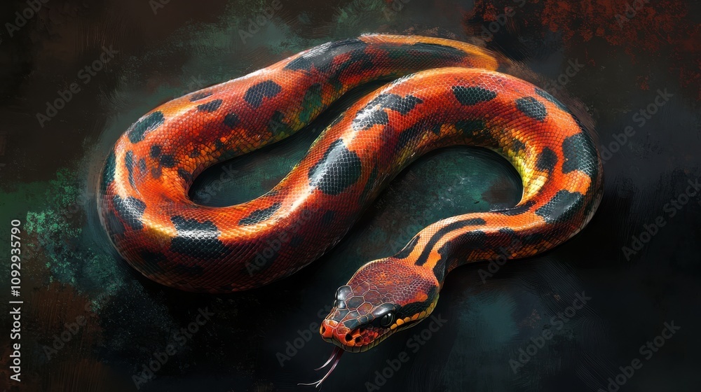 Close-up view of a vibrant, orange and black snake, its scales shimmering. The reptile is coiled elegantly on a dark, textured surface, creating a striking contrast. Close-up view of a vibrant, orange and black snake, its scales shimmering. The reptile is coiled elegantly on a dark, textured surface, creating a striking contrast.