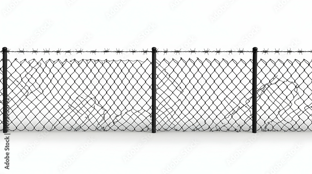 Damaged Chain Link Fence with Barbed Wire: Security Breach Damaged Chain Link Fence with Barbed Wire: Security Breach