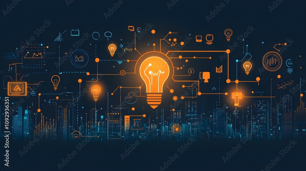 Business concept illustration featuring floating light bulbs, icons, charts, compass, and connecting elements in blue and orange, showcasing creative thinking and brainstorming process. Business concept illustration featuring floating light bulbs, icons, charts, compass, and connecting elements in blue and orange, showcasing creative thinking and brainstorming process.