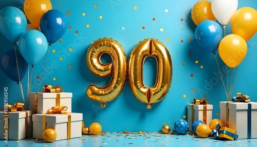 A blue and gold 90th birthday anniversary celebration with balloons and confetti