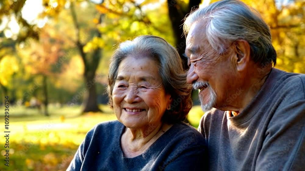 retired asian couple sitting in a bench in the park spending time together retired asian couple sitting in a bench in the park spending time together