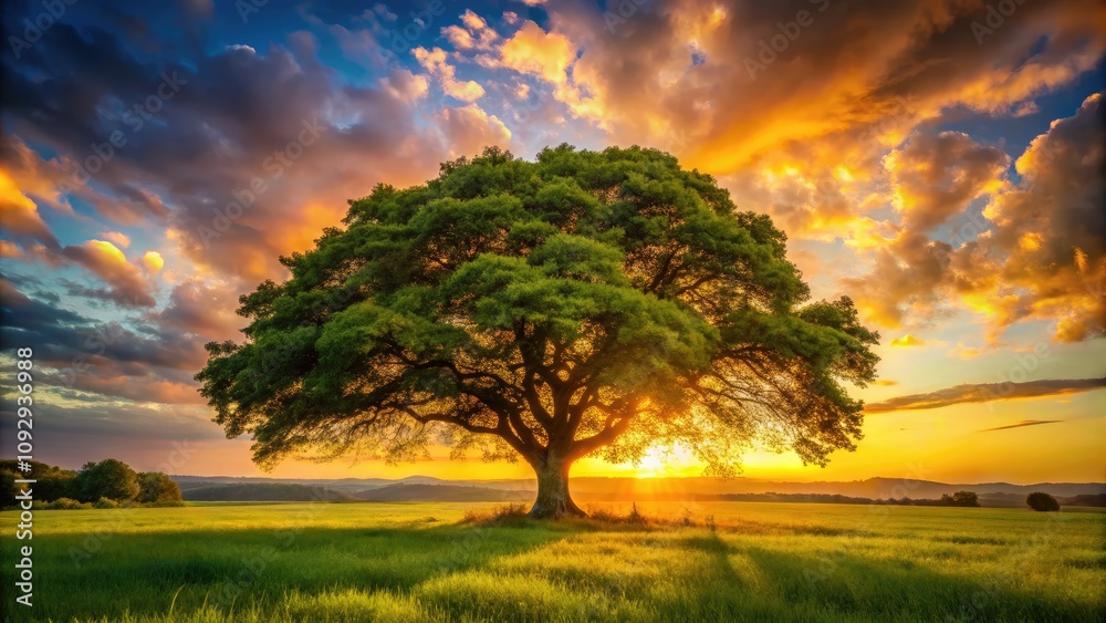Fototapeta premium An intricate Tree of Life design in golden tones, symbolizing growth, connection, and life's journey, beautifully captures nature's scenic allure and spiritual essence.