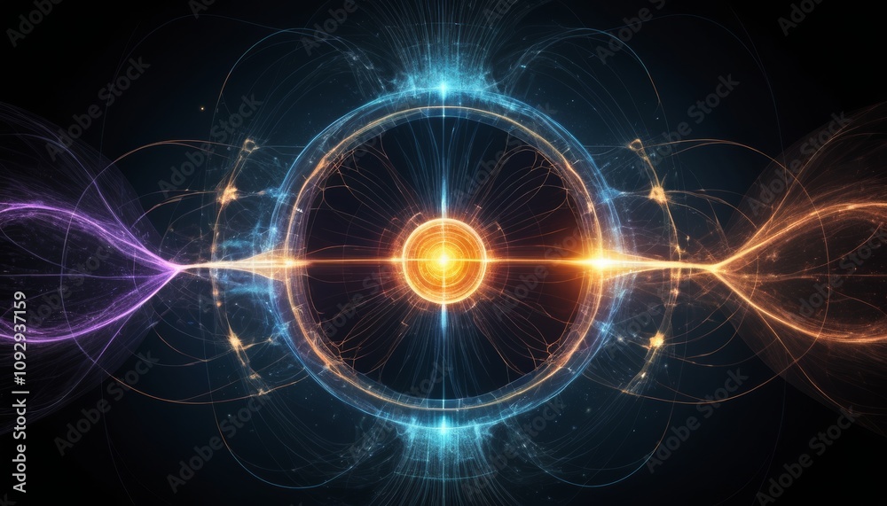 Higgs boson particle illustration featuring colorful energy waves and bright core on a dark background Higgs boson particle illustration featuring colorful energy waves and bright core on a dark background