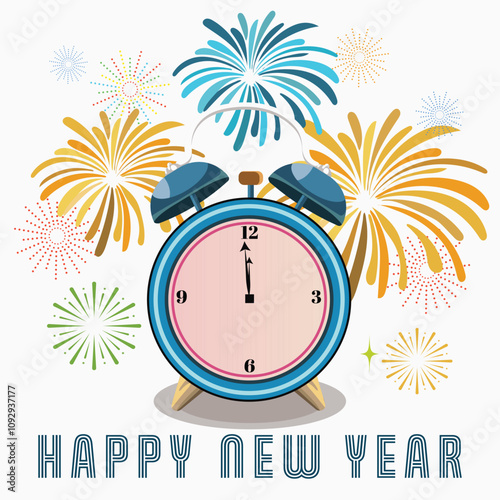 Happy New Year Celebration Time Clock with Colorful Firework Vector Illustration.