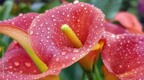Close-up of a vibrant red calla lily, glistening with morning dew. The delicate petals and bright yellow spadix create a stunning contrast.