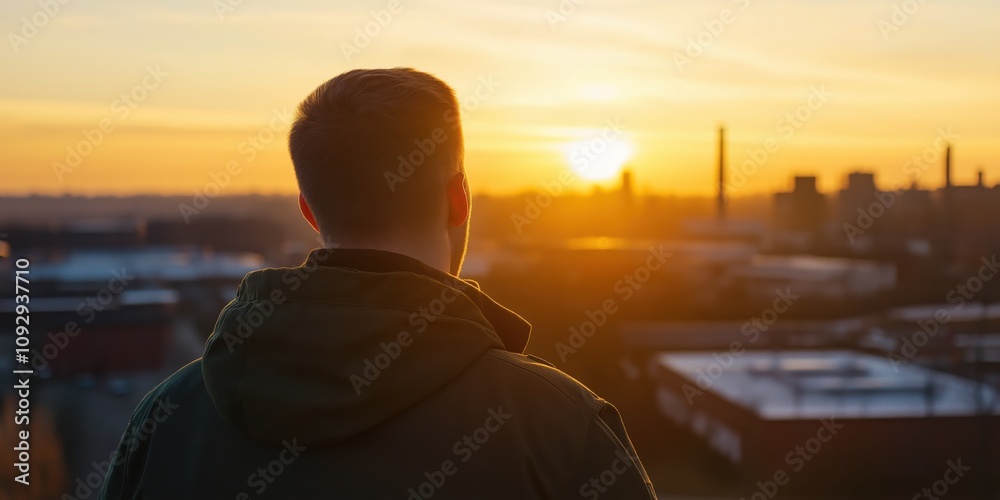 A contemplative man gazes at a vibrant sunset over an industrial skyline, embodying reflection, peace, and the intersection of nature with modern development.