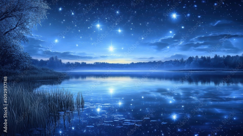 Serene reflection of a starry night over a lake tranquil nature scene high fidelity viewpoint Serene reflection of a starry night over a lake tranquil nature scene high fidelity viewpoint