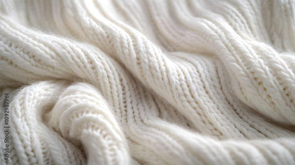 Detailed macro photography of white knitted wool texture showing ribbed pattern, gentle folds, and fiber details in soft, minimalist studio lighting composition.
