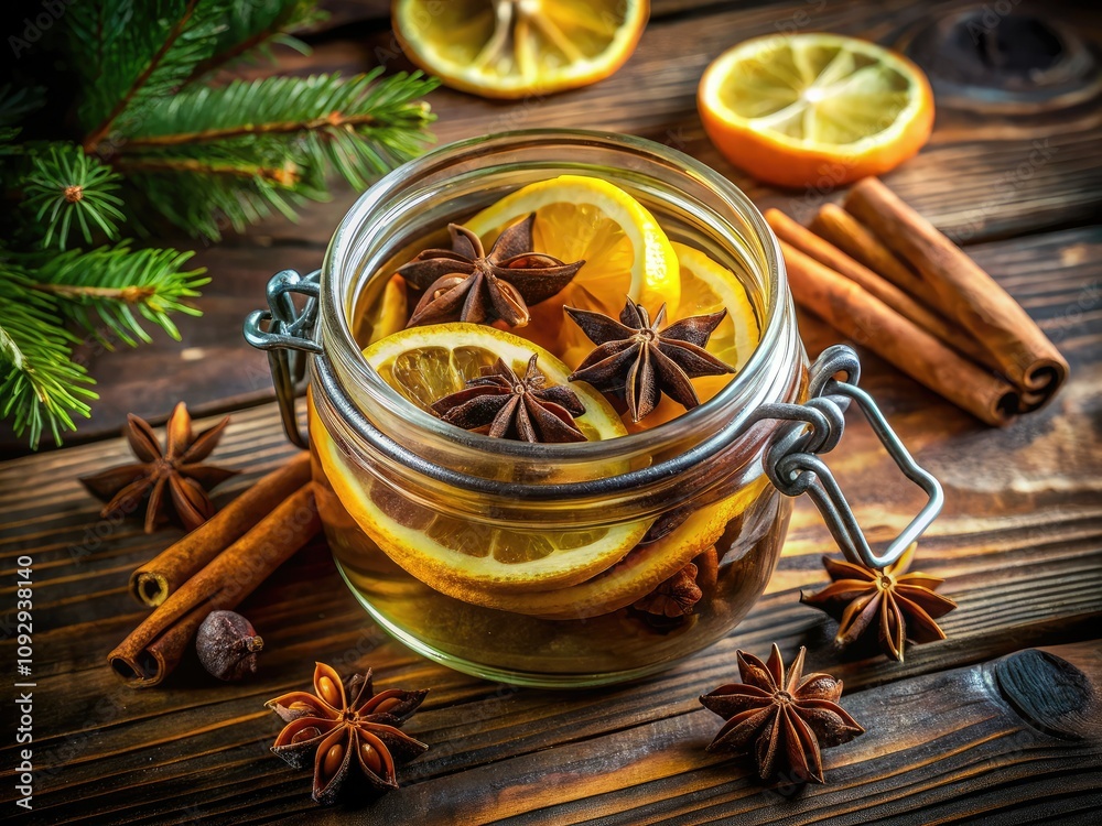 Aromatic pot brimming with star anise, cinnamon, and lemon slices, captured in double exposure on a rustic wooden surface, enhancing the cozy, fragrant ambiance. Aromatic pot brimming with star anise, cinnamon, and lemon slices, captured in double exposure on a rustic wooden surface, enhancing the cozy, fragrant ambiance.