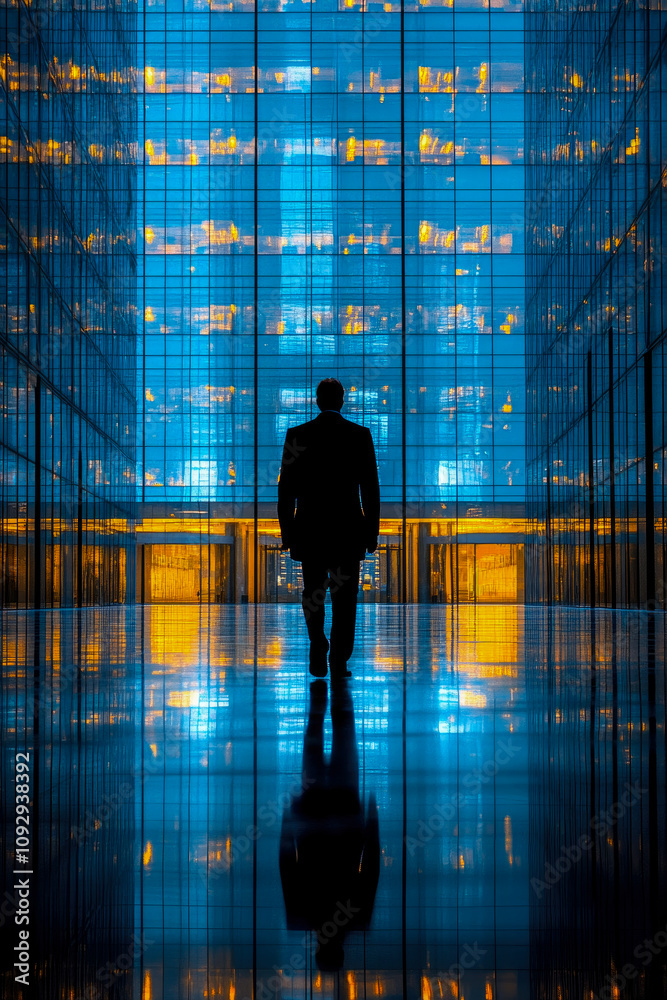 A business professional walks alone through a sleek glass building at night, reflecting vibrant city lights in a serene atmosphere A business professional walks alone through a sleek glass building at night, reflecting vibrant city lights in a serene atmosphere