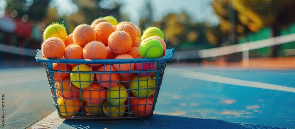 Naklejka premium Basket of Tennis Balls on a Blue Court
