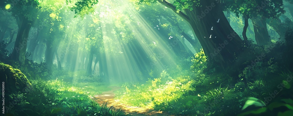 Fototapeta premium Sunlit Path Winding Through a Lush Green Forest. AI generated illustration
