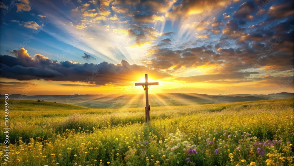 Obraz premium As the serene sun rises, Jesus on the cross captures spiritual symbolism, portraying faith, hope, and redemption in the tranquil beauty of nature's bounty.