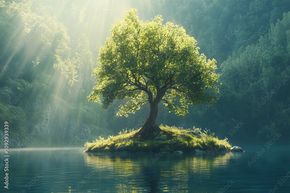 Solitary Tree on a Lake Island with Sunlit Forest. AI generated illustration. Solitary Tree on a Lake Island with Sunlit Forest. AI generated illustration.