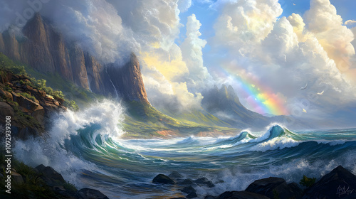 A vibrant landscape featuring waves, mountains, and a rainbow under a cloudy sky.