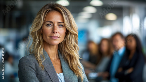 A confident businesswoman poses in a contemporary office, showcasing strong leadership qualities while her team is visible in the background