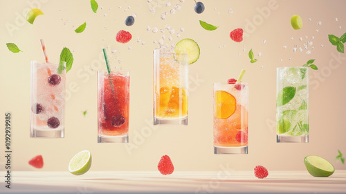 Assortment of refreshing fruit drinks. Concept of summer, healthy drinks, and vibrant flavors.