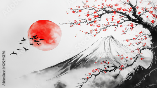 Japanese Landscape Painting, Mount Fuji, Cherry Blossoms, and Birds. Concept of serenity, tranquility, and Asian art.