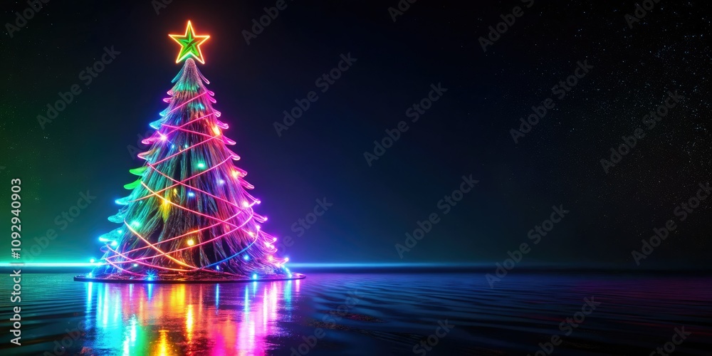 A vibrant neon Christmas tree radiates joy on a reflective surface, showcasing colorful lights and modern aesthetics, capturing the festive spirit and seasonal artistry beautifully. A vibrant neon Christmas tree radiates joy on a reflective surface, showcasing colorful lights and modern aesthetics, capturing the festive spirit and seasonal artistry beautifully.