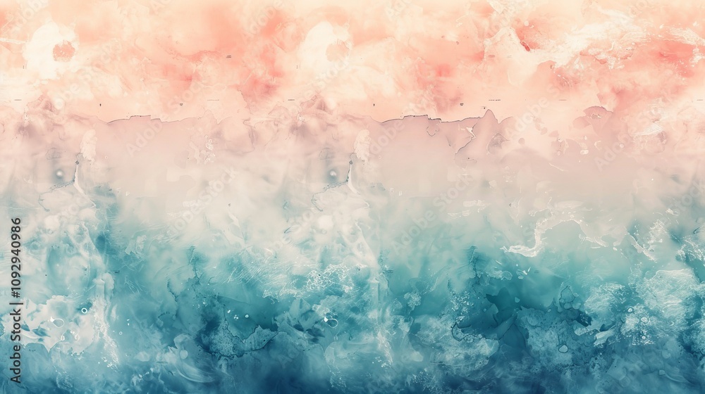 Obraz premium Abstract watercolor painting with soft coral and blue hues blending seamlessly.