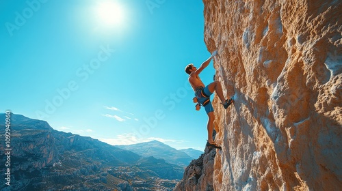 A climber hanging on the side of a steep mountain, suspended in mid-air, representing the daring spirit of extreme climbing and high-risk climbing situations