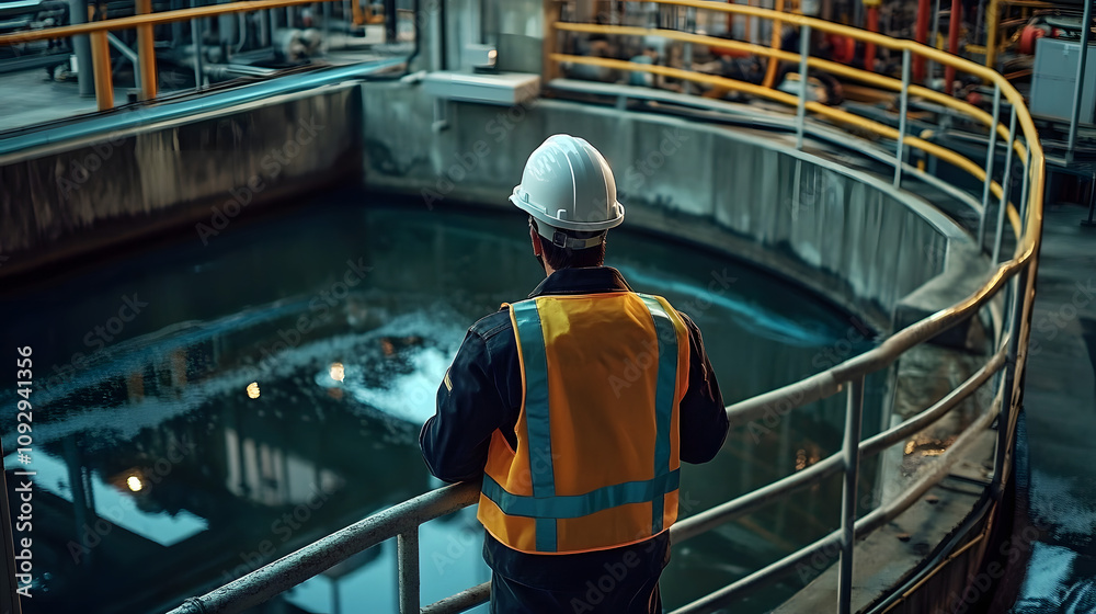 Fototapeta premium A person wearing a hard hat and safety vest inspecting a wastewater treatment plant.