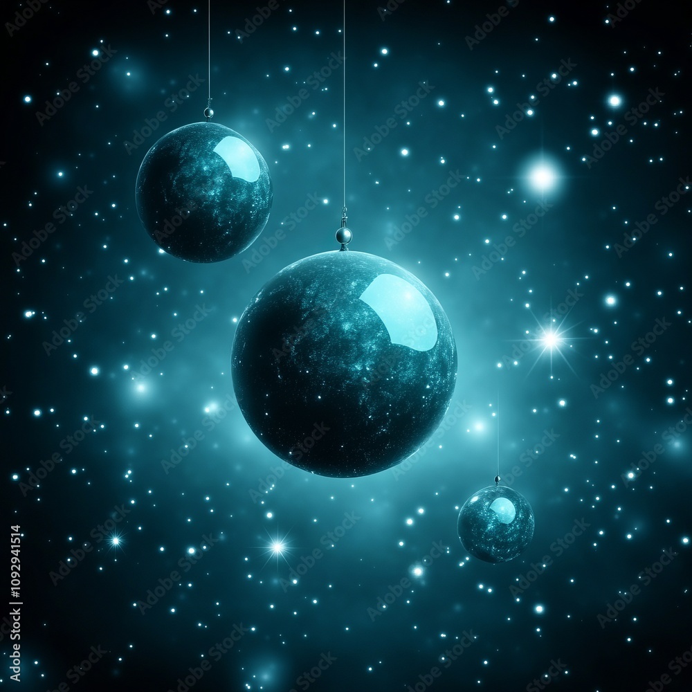 Three dark teal planets hanging in space. Three dark teal planets hanging in space.