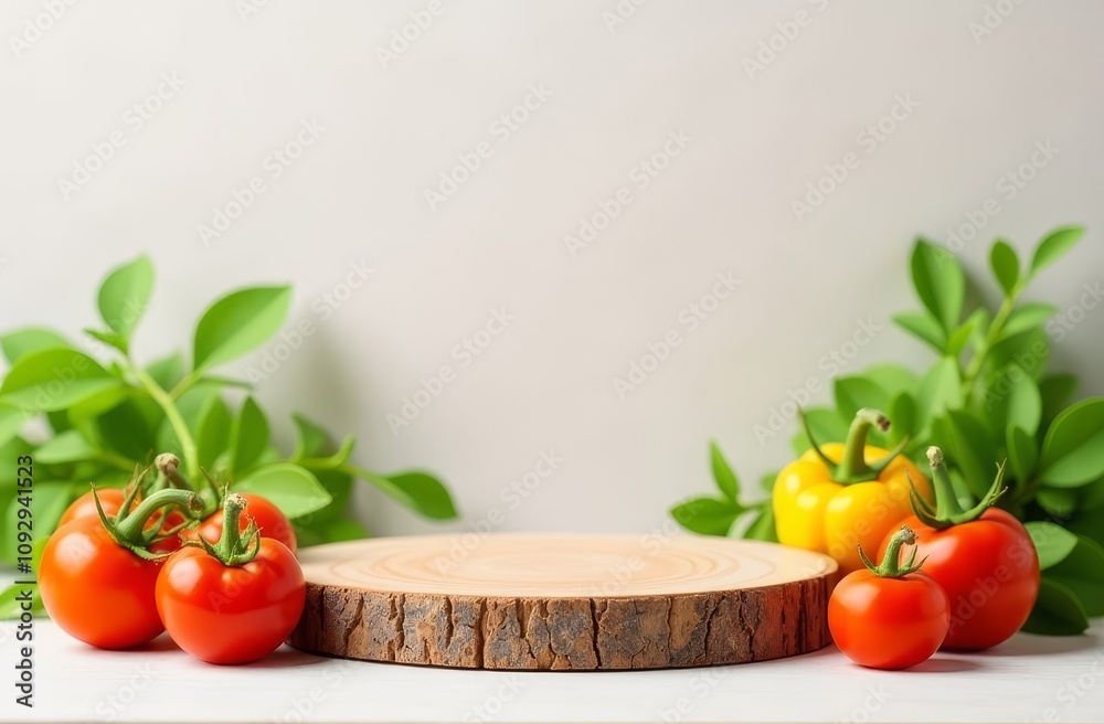 empty wooden podium, round board background with vegetables, copy space, for product presentation empty wooden podium, round board background with vegetables, copy space, for product presentation